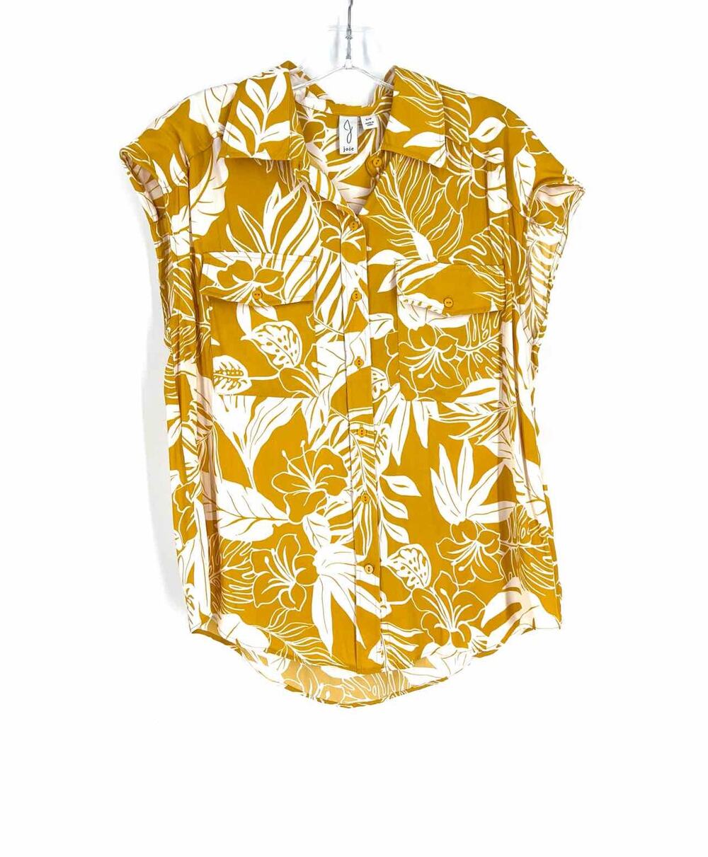 Joie Size S Yellow/White Leaves Designer Blouse